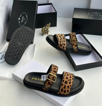 Prada Leopard-Print Calf Hair & Leather Sport Comfort Sandals