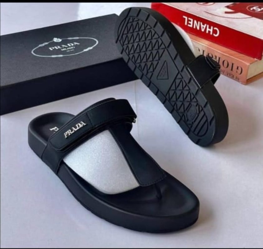 Prada Black Leather Slides with Signature Triangle Logo