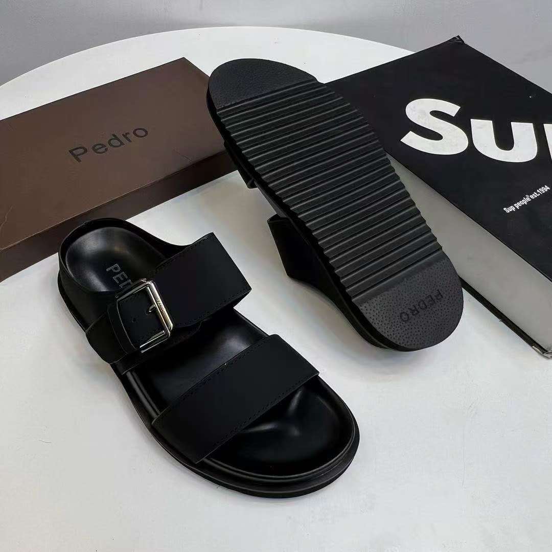 Pedro Black Double-Strap Buckle Casual Sandals