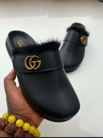 Black Leather Fur-Lined Mule Slippers with Gold Logo