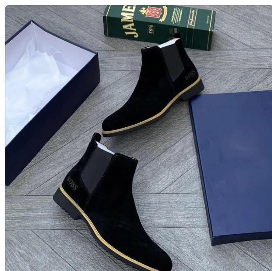 Boss Black Suede Chelsea Boots with Gold Midsole Detail Boss Black Suede Chelsea Boots with Gold Midsole Detail