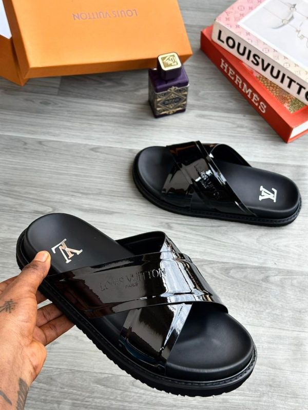 Black Patent Leather Cross-Strap Slides