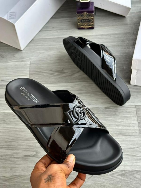 Dolce & Gabbana Black Patent Leather Crisscross DG Slides