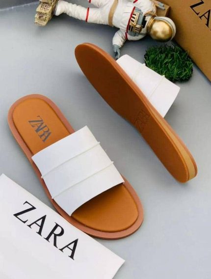 Zara Mens White Flat Slide Sandals Triple Stitched Strap Brown Sole