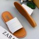 Zara Mens White Flat Slide Sandals Triple Stitched Strap Brown Sole