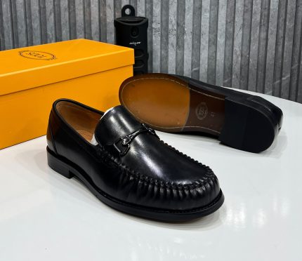 Black Leather Horsebit Slip On Loafers